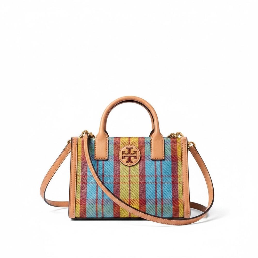 Tory Burch Ella Mini Plaid Top Handle Crossbody Tote Bag Multicolor Leather Trim